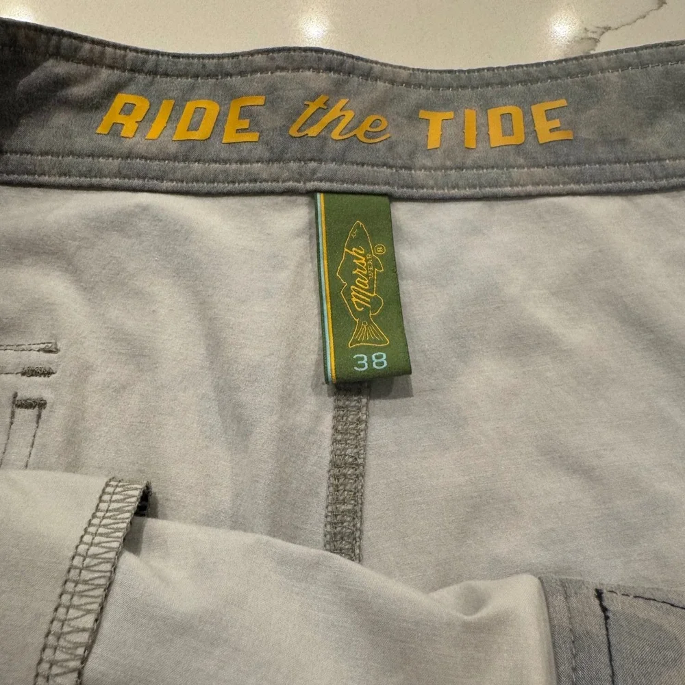 Marsh Wear Ride the Tide Camo Board Shorts Mens 38 Grey Blue Fishing Swim Trunks